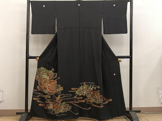 平和屋着物●越後染印傳　根津青宗　黒留袖　駒刺繍　鼓花文　金彩　正絹　逸品　BAAY0476mz