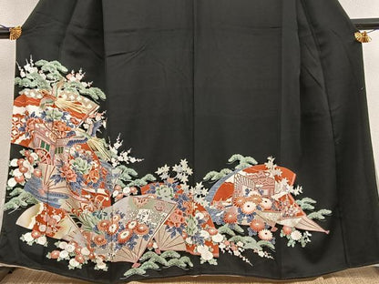 平和屋着物■豪華黒留袖　駒刺繍　御所車花鳥文　正絹　逸品　BAAY0481mz