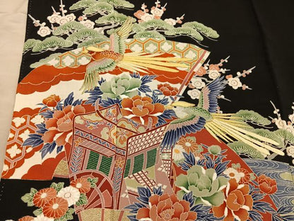 平和屋着物■豪華黒留袖　駒刺繍　御所車花鳥文　正絹　逸品　BAAY0481mz