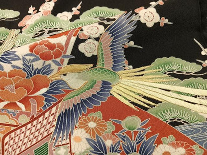 平和屋着物■豪華黒留袖　駒刺繍　御所車花鳥文　正絹　逸品　BAAY0481mz