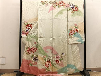 平和屋着物■豪華振袖　駒刺繍　牡丹花文　暈し染め　金銀彩　正絹　逸品　BAAY0496mz