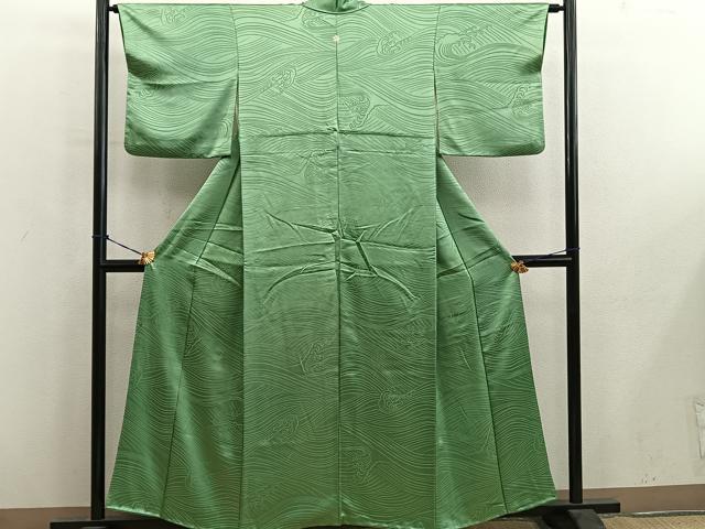 平和屋着物■上質な色無地　立波地紋　抹茶色　正絹　逸品　BAAY0507mz