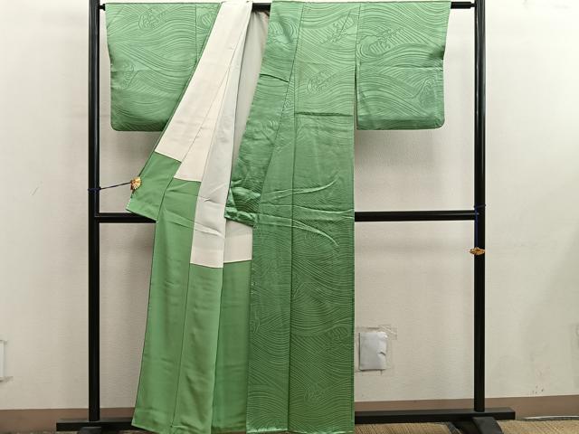平和屋着物■上質な色無地　立波地紋　抹茶色　正絹　逸品　BAAY0507mz