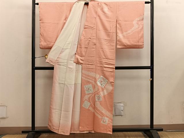 平和屋着物■訪問着　絞り　刺繍　色紙枝花文　銀彩　正絹　逸品　BAAY0523mz