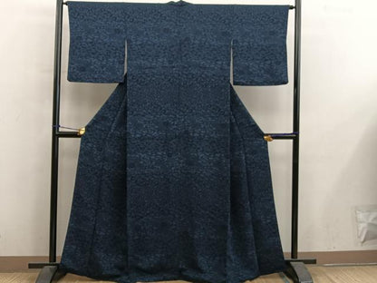 平和屋着物■上質な小紋　藍　型染め　流水花文　正絹　逸品　BAAY0543mz