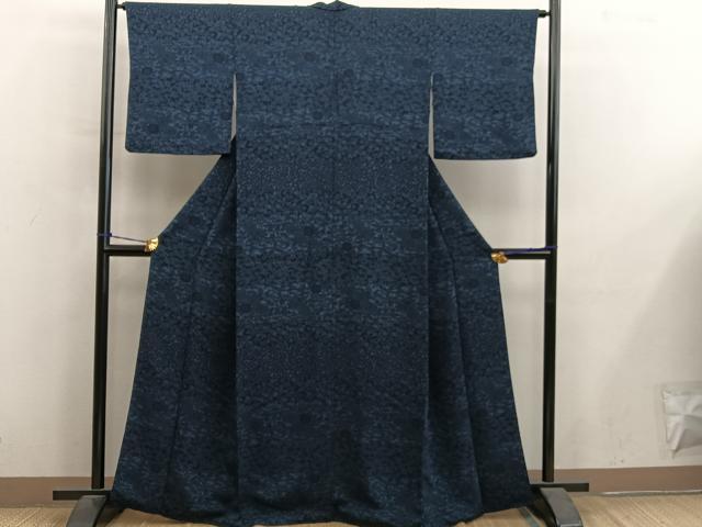 平和屋着物■上質な小紋　藍　型染め　流水花文　正絹　逸品　BAAY0543mz