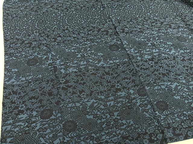 平和屋着物■上質な小紋　藍　型染め　流水花文　正絹　逸品　BAAY0543mz