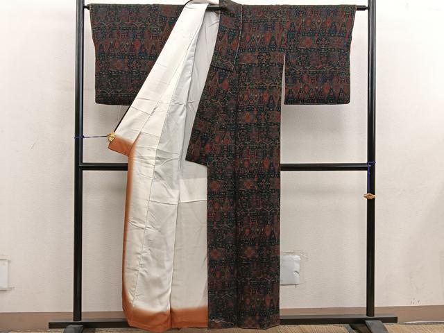平和屋着物■上質な小紋　横段更紗花文　鬼しぼ縮緬　正絹　逸品　BAAY0549mz