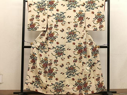 平和屋着物■上質な小紋　型染め　舞蝶花文　正絹　逸品　BAAY0577mz