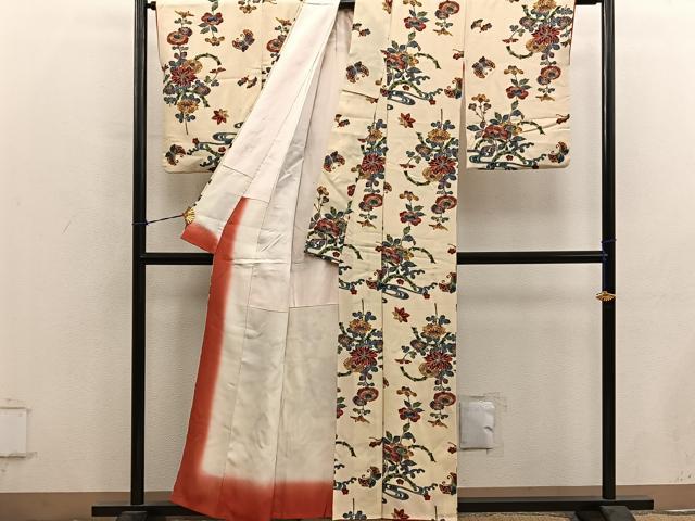 平和屋着物■上質な小紋　型染め　舞蝶花文　正絹　逸品　BAAY0577mz
