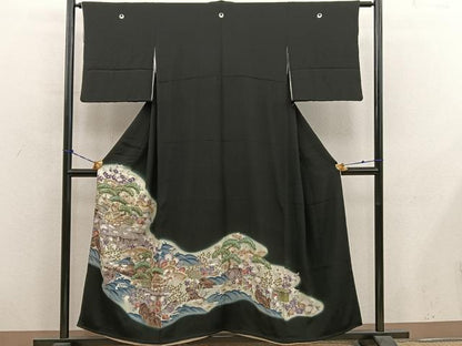 平和屋着物■豪華黒留袖　駒刺繍　風景花文　暈し染め　金彩　正絹　逸品　BAAY0578mz