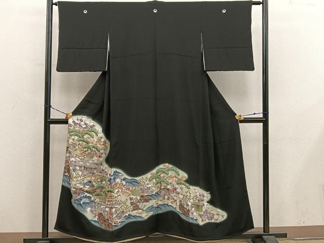 平和屋着物■豪華黒留袖　駒刺繍　風景花文　暈し染め　金彩　正絹　逸品　BAAY0578mz