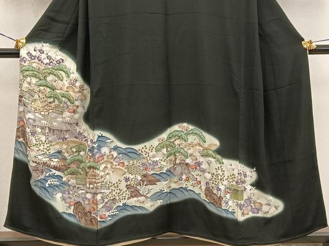 平和屋着物■豪華黒留袖　駒刺繍　風景花文　暈し染め　金彩　正絹　逸品　BAAY0578mz