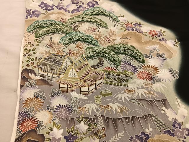平和屋着物■豪華黒留袖　駒刺繍　風景花文　暈し染め　金彩　正絹　逸品　BAAY0578mz