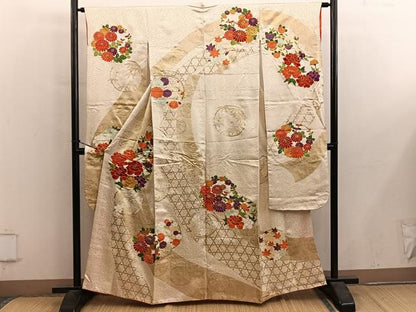 平和屋着物■豪華振袖　駒刺繍　牡丹花文　金彩　正絹　逸品　BAAY0592mz