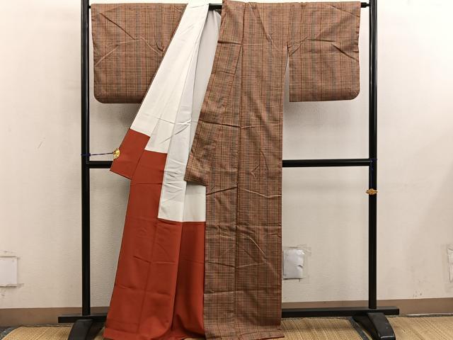 平和屋着物■上質な紬　格子柄　正絹　逸品　BAAY0596mz