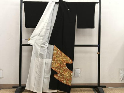 平和屋着物■豪華黒留袖　駒刺繍　鳳凰花文　金彩　正絹　逸品　BAAY0605mz