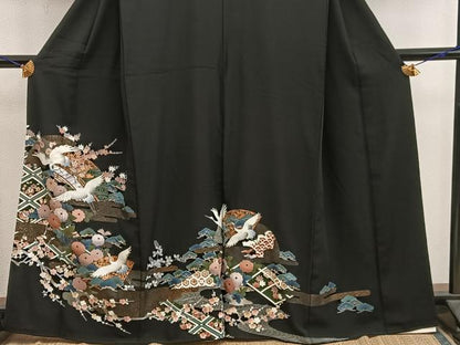平和屋着物■豪華黒留袖　飛鶴花文　金彩　正絹　逸品　BAAY0613mz
