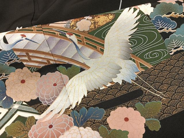 平和屋着物■豪華黒留袖　飛鶴花文　金彩　正絹　逸品　BAAY0613mz