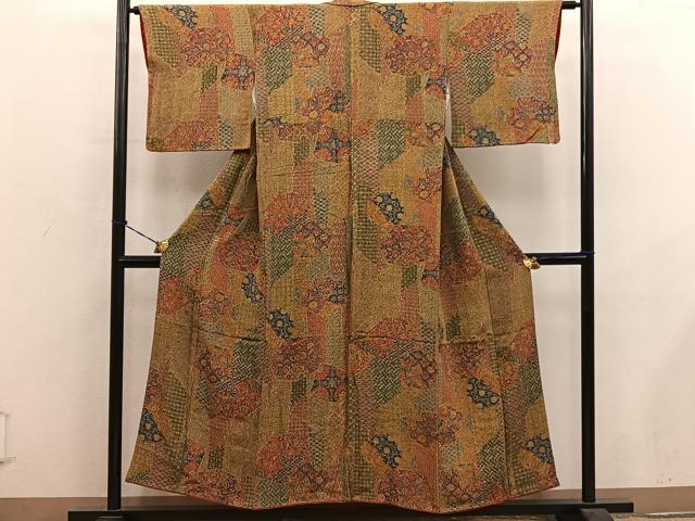 平和屋着物■上質な小紋　更紗花文　鬼しぼ縮緬　正絹　逸品　BAAY0627mz