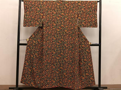 平和屋着物■上質な小紋　更紗花文　黒地　正絹　逸品　BAAY0634mz