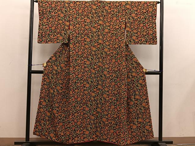 平和屋着物■上質な小紋　更紗花文　黒地　正絹　逸品　BAAY0634mz