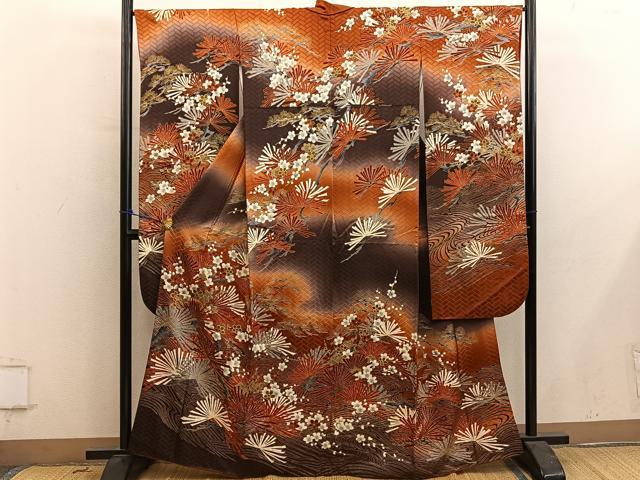 平和屋着物●豪華振袖　枝梅文　暈し染め　金彩　正絹　逸品　BAAY0655mz