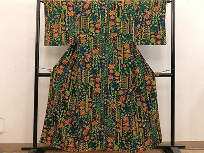 平和屋着物■上質な小紋　更紗花文　鬼しぼ縮緬　正絹　逸品　BAAY0656mz