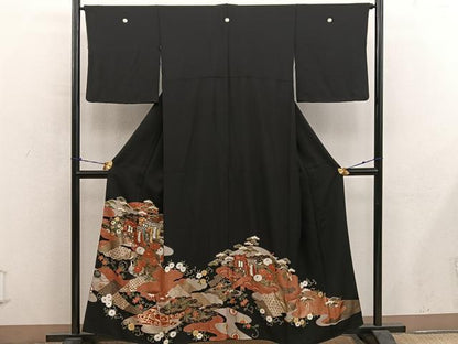 平和屋着物■豪華黒留袖　御所車花文　金彩　正絹　逸品　BAAY0669mz