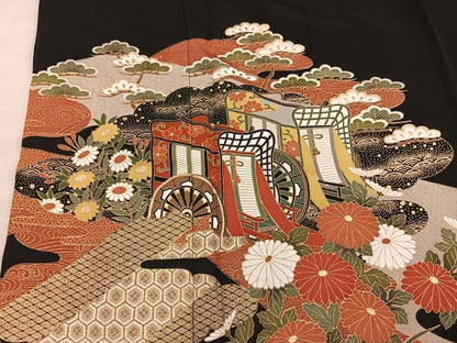 平和屋着物■豪華黒留袖　御所車花文　金彩　正絹　逸品　BAAY0669mz