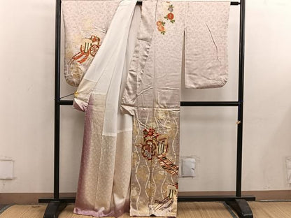 平和屋着物■訪問着　駒刺繍　御所車花文　金彩　正絹　逸品　BAAY0682mz