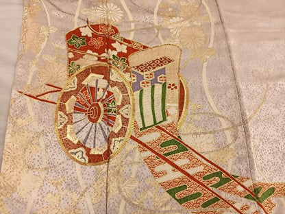 平和屋着物■訪問着　駒刺繍　御所車花文　金彩　正絹　逸品　BAAY0682mz