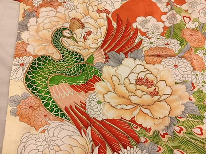 平和屋着物■豪華振袖　駒刺繍　孔雀牡丹花文　金彩　正絹　逸品　BAAY0713mz
