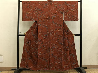 平和屋着物■上質な小紋　型染め　風景花文　鬼しぼ縮緬　正絹　逸品　BAAY0725mz
