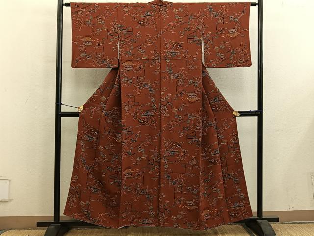 平和屋着物■上質な小紋　型染め　風景花文　鬼しぼ縮緬　正絹　逸品　BAAY0725mz
