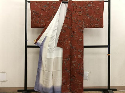 平和屋着物■上質な小紋　型染め　風景花文　鬼しぼ縮緬　正絹　逸品　BAAY0725mz