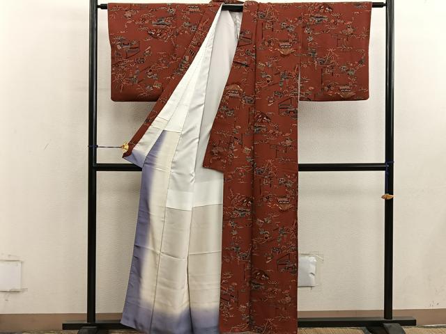 平和屋着物■上質な小紋　型染め　風景花文　鬼しぼ縮緬　正絹　逸品　BAAY0725mz