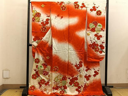 平和屋着物■豪華振袖　駒刺繍　梅花文　暈し染め　金糸　正絹　逸品　BAAY0750mz