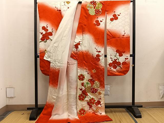 平和屋着物■豪華振袖　駒刺繍　梅花文　暈し染め　金糸　正絹　逸品　BAAY0750mz