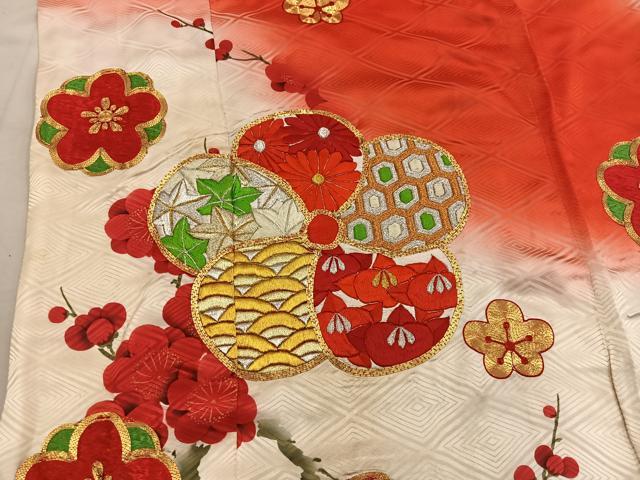 平和屋着物■豪華振袖　駒刺繍　梅花文　暈し染め　金糸　正絹　逸品　BAAY0750mz