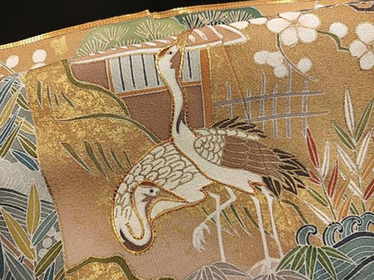 平和屋着物■豪華黒留袖　色紙重ね群鶴風景文　金彩　正絹　逸品　BAAY0761mz