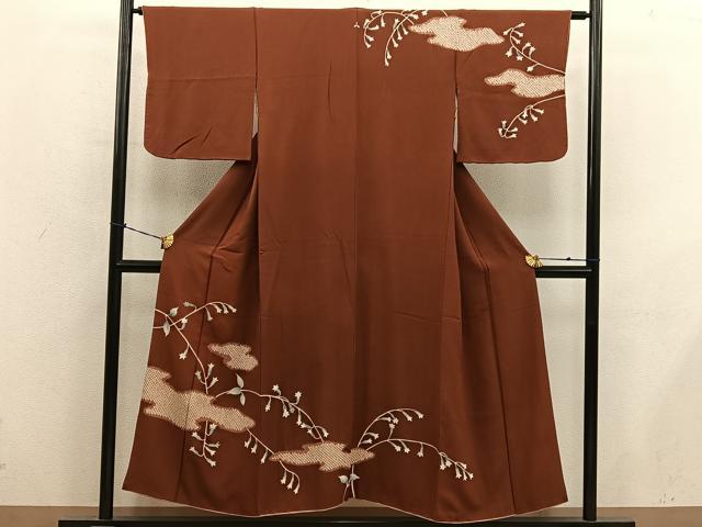 平和屋着物■訪問着　絞り　刺繍　枝葉文　正絹　逸品　BAAY0770mz