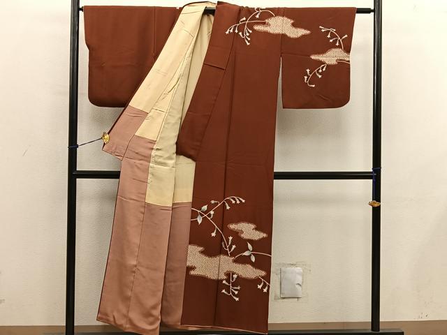 平和屋着物■訪問着　絞り　刺繍　枝葉文　正絹　逸品　BAAY0770mz