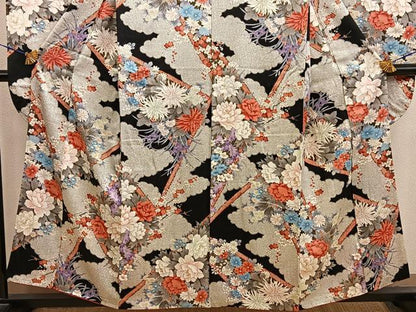 平和屋着物■豪華振袖　牡丹花文　黒地　金彩　正絹　逸品　BAAY0782mz