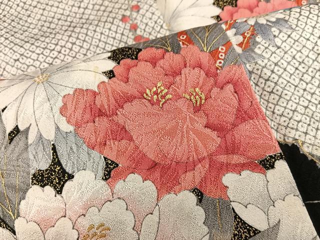 平和屋着物■豪華振袖　牡丹花文　黒地　金彩　正絹　逸品　BAAY0782mz