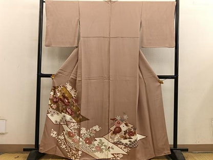 平和屋着物■色留訪問着　刺繍　松皮菱牡丹花文　金彩　正絹　逸品　BAAY0785mz