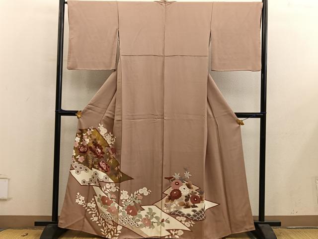 平和屋着物■色留訪問着　刺繍　松皮菱牡丹花文　金彩　正絹　逸品　BAAY0785mz