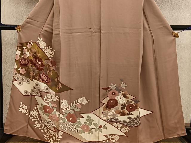 平和屋着物■色留訪問着　刺繍　松皮菱牡丹花文　金彩　正絹　逸品　BAAY0785mz