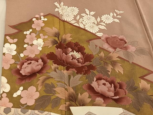 平和屋着物■色留訪問着　刺繍　松皮菱牡丹花文　金彩　正絹　逸品　BAAY0785mz