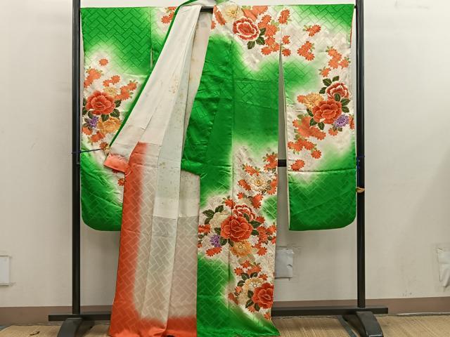 平和屋着物■豪華振袖　駒刺繍　草花文　暈し染め　金彩　正絹　逸品　BAAY0804mz
